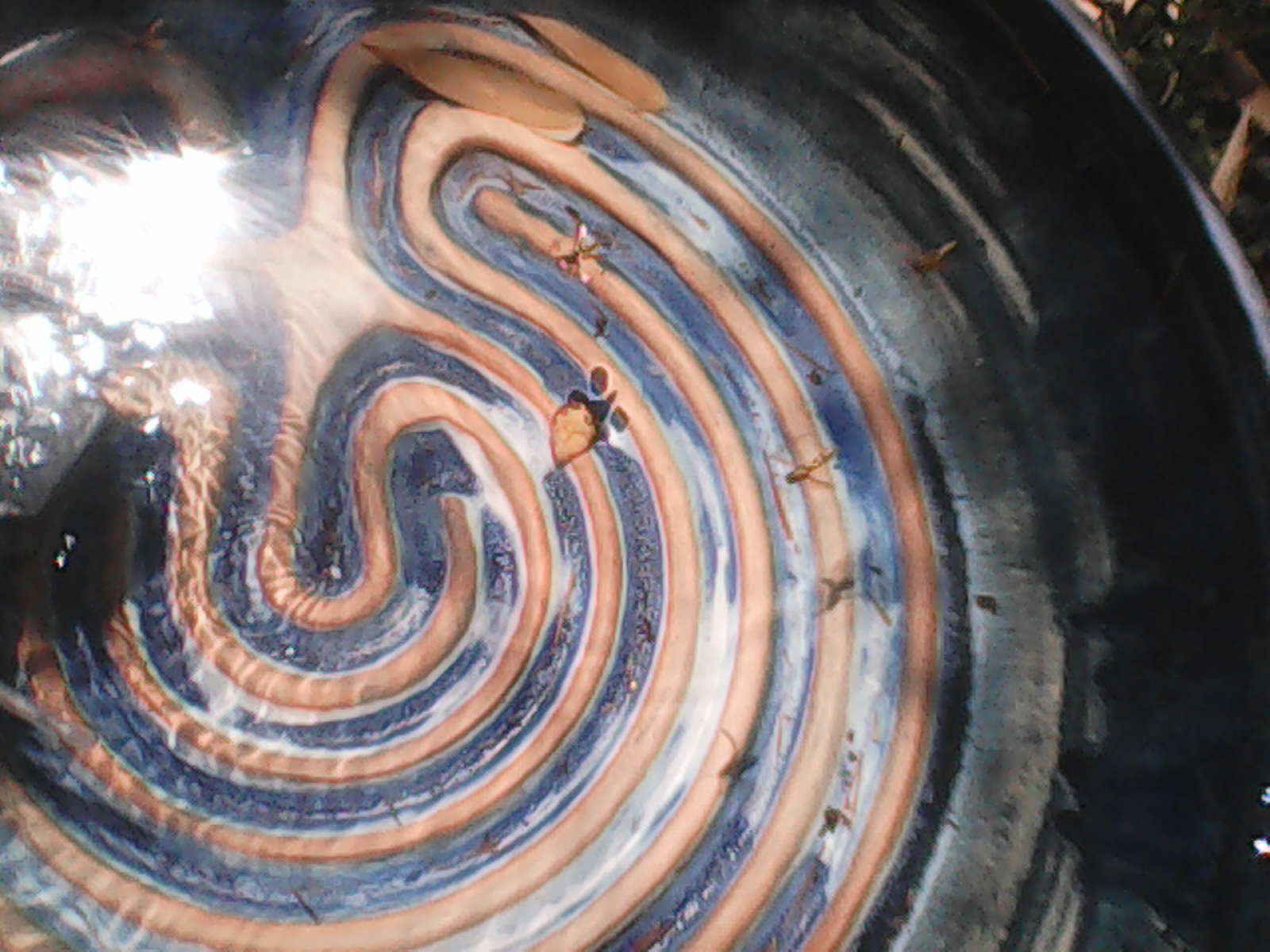 A labyrinthine structure in a clay pot, filled with water.