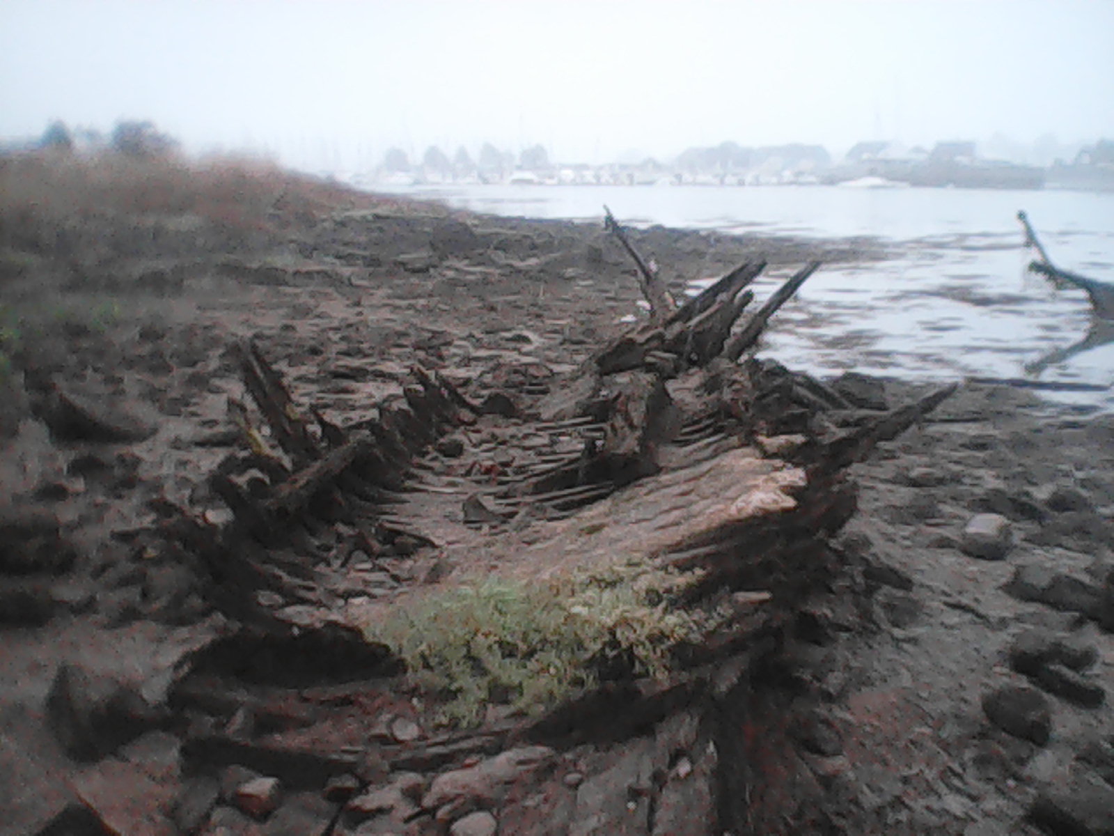 A rotten wreck, sunken into the sand on a grey and foggy beach.